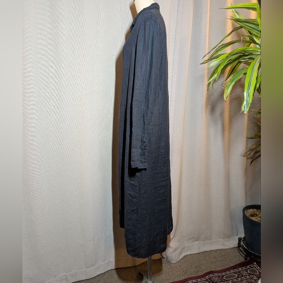 CP shades Navy Blue 100% Linen Midi Dress Long Sleeve Shirt Collar Dress Medium - Picture 3 of 10